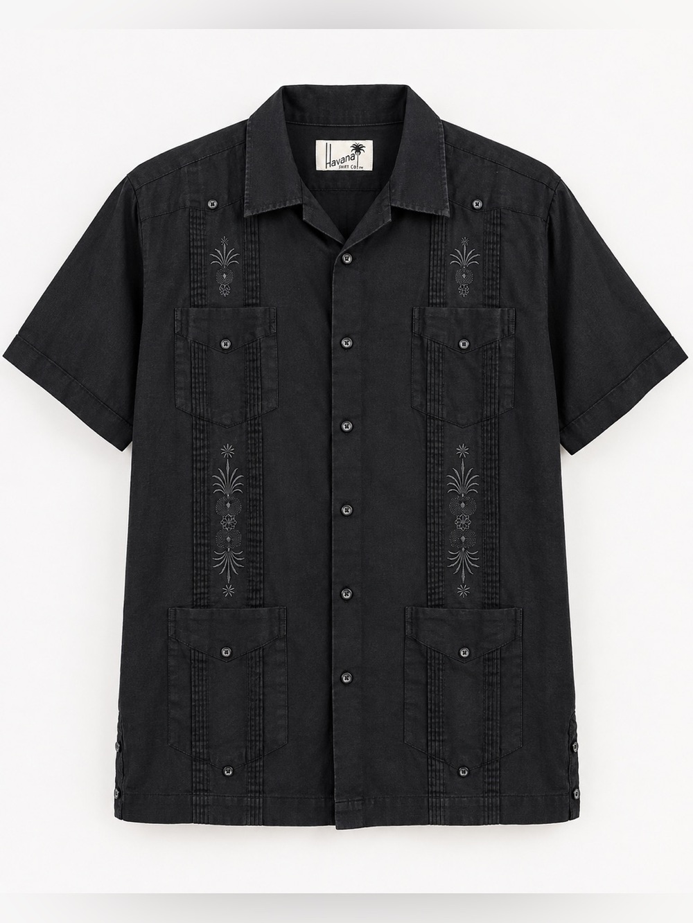 Havana Shirt Co. Men’s XL Black Linen Blend Guayabera 4 Pocket Embroidered Shirt